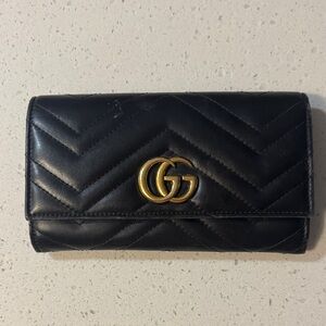 Gucci Black Chevron Quilted Leather Wallet with Gold Double-G